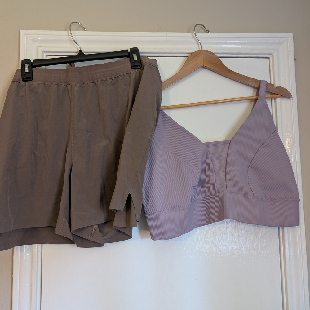 all in motion Lavender Bralette with Taupe Shorts